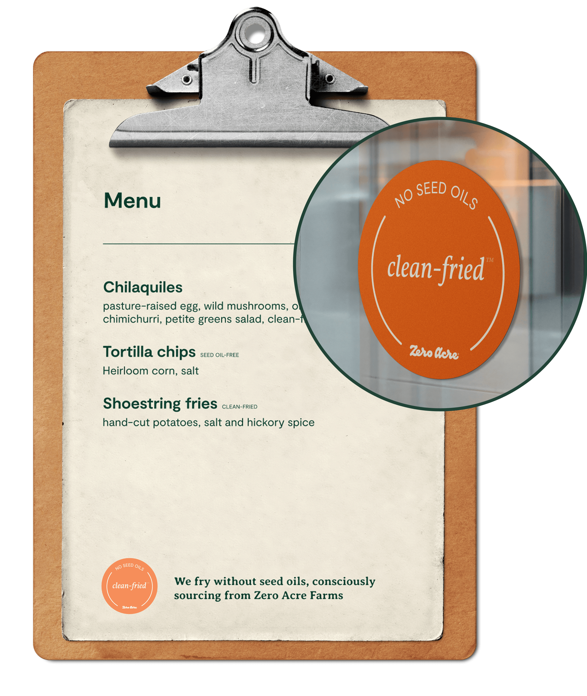 Restaurant menu with clean-fried messaging