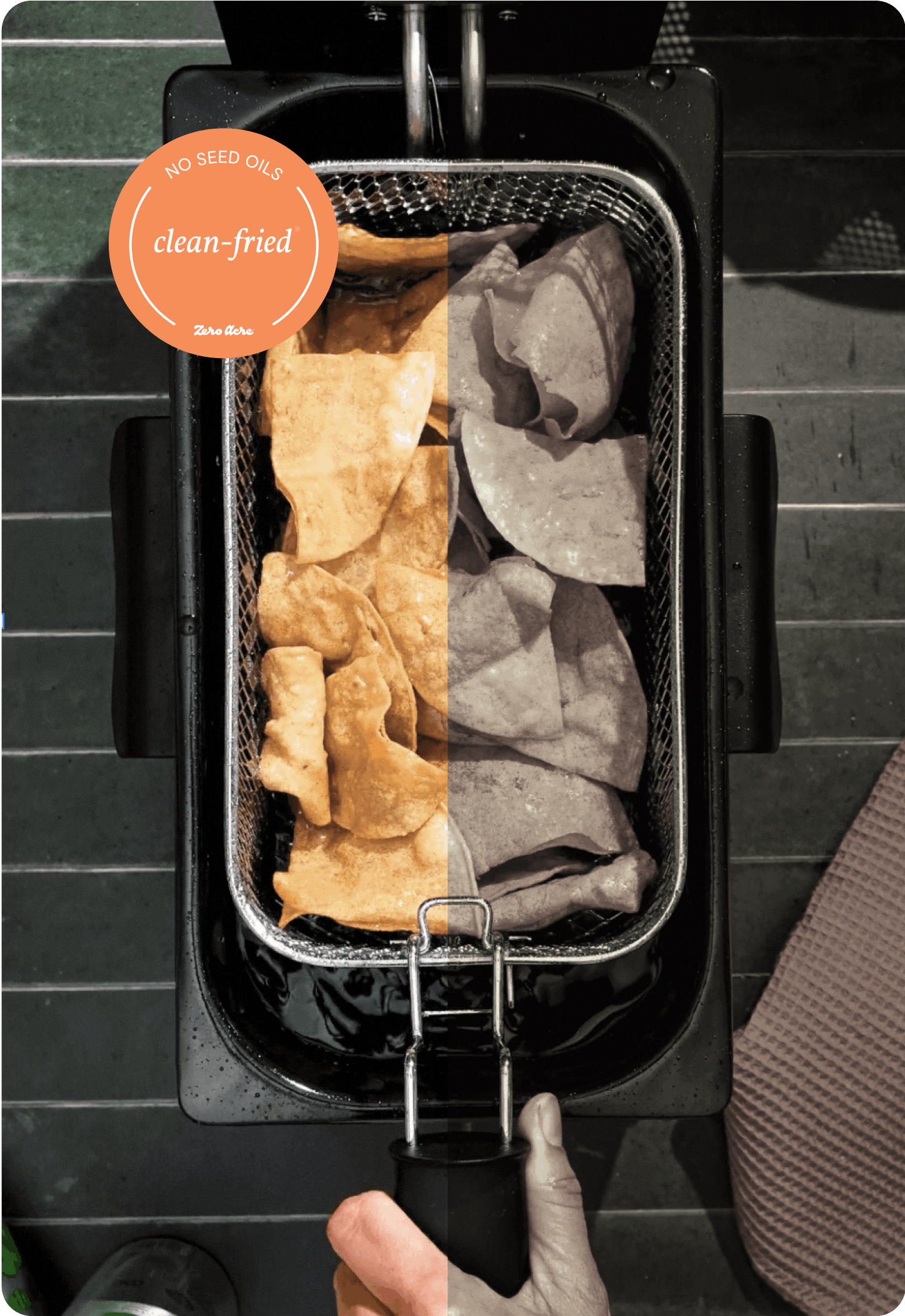 Fryer comparison showing clean-fried vs deep fried food